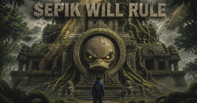 A fantasy-style artwork titled 'SEPIK WILL RULE' depicting a person standing before an ancient temple with a large carved face and glowing yellow eyes.
