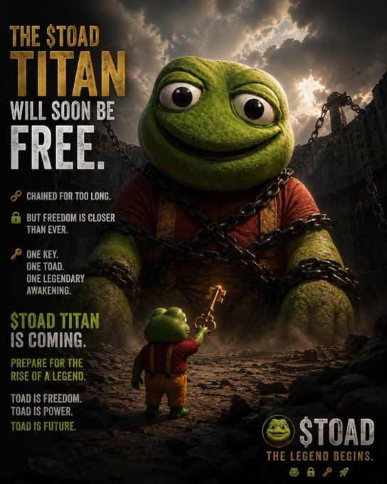 A meme-style poster titled 'THE $TOAD TITAN WILL SOON BE FREE' featuring a giant chained Pepe-like frog behind a smaller frog holding a key, with text including 'STOAD TITAN IS COMING' and 'TOAD IS FUTURE.'