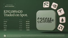 A trading statistics graphic shows '$292,089,420 Traded on spot' and '$250M+' alongside various financial data points and icons on a dark green background.
