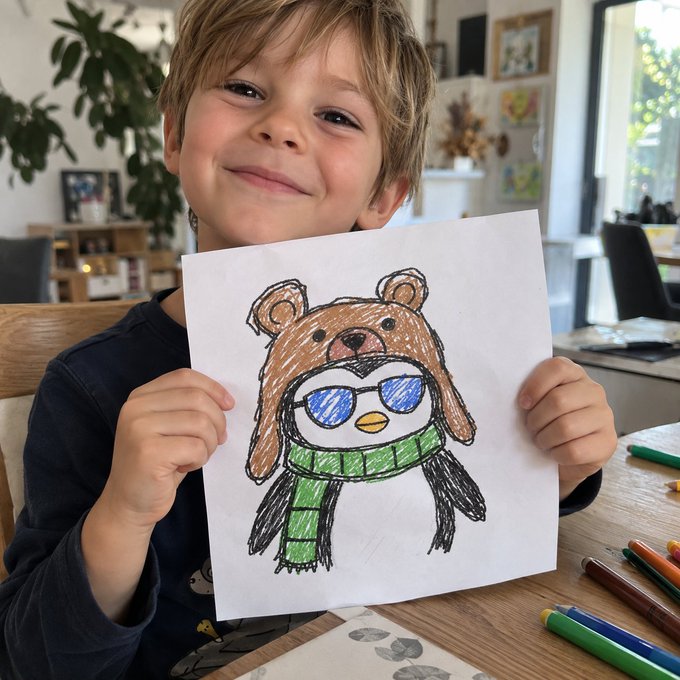 A young boy with a slight smile proudly holding up a hand-drawn illustration of a penguin character wearing a bear hat, blue sunglasses, and a green striped scarf.
