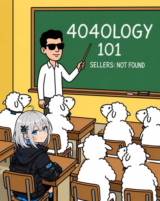 Anime-style illustration of a classroom where a teacher points to a chalkboard reading '404OLOGY 101 SELLERS: NOT FOUND,' with an anime girl and sheep students sitting at desks.