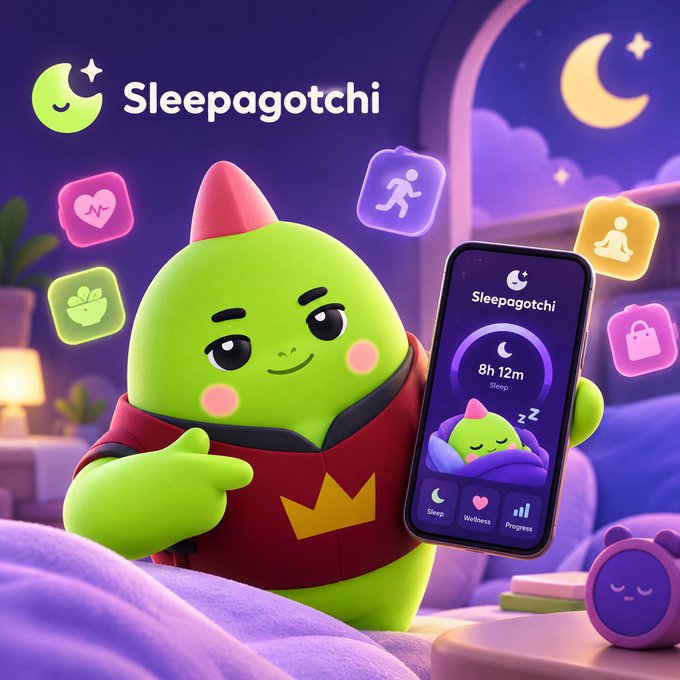 A 3D render of a green character promoting 'Sleepagotchi,' holding a smartphone displaying a sleep tracking app showing '8h 12m Sleep,' surrounded by colorful feature icons in a bedroom environment.