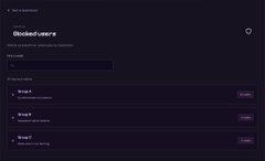 A dark-themed screenshot shows a 'Blocked users' management page with a search bar and a list of group entries.