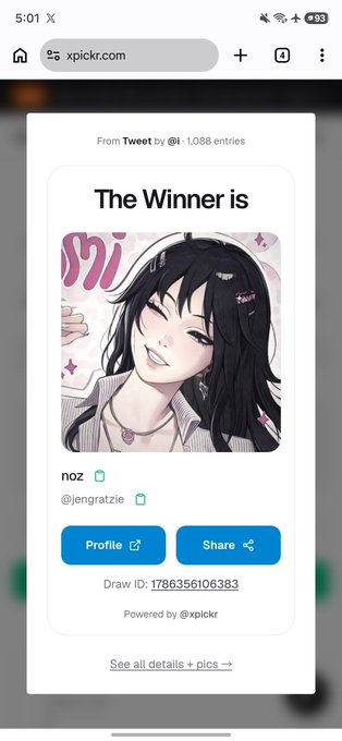 A mobile screenshot from xpickr.com showing a Twitter giveaway winner announcement featuring an anime-style character illustration by 'noz' (@jengrazie), with Draw ID: 1786356106383.