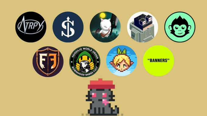 A collection of logos and icons including TRPY, a dollar sign emblem, a white cat character, a building, a green monkey face, FJ shield, "MOONWOOD WORLD ORDER ROBINWOOD BABIES ONLY" badge, a pixel art character, and a green circle labeled "BANNERS".