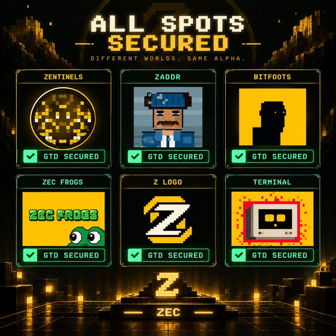A pixel-art style promotional graphic titled "ALL SPOTS SECURED - DIFFERENT WORLDS, SAME ALPHA" displays six crypto/NFT projects (ZENTINELS, ZADDR, BITFOOTS, ZEC FROGS, Z LOGO, TERMINAL), each marked "GTD SECURED", with "ZEC" at the bottom.