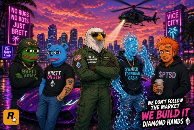 A vibrant cartoon illustration depicts meme characters including Pepe in military gear, alongside neon signs reading 'NO RUGS NO BOTS JUST BRETT' and 'VICE CITY', with the slogan 'WE DON'T FOLLOW THE MARKET WE BUILD IT DIAMOND HANDS'.