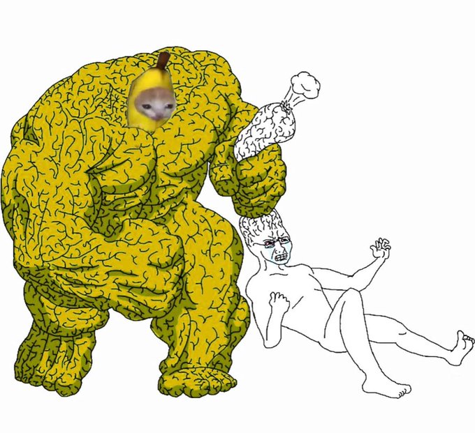 A surreal illustration features a muscular yellow figure with a banana-cat hybrid face standing behind a line-drawn humanoid figure that has a mushroom cloud emerging from its head.