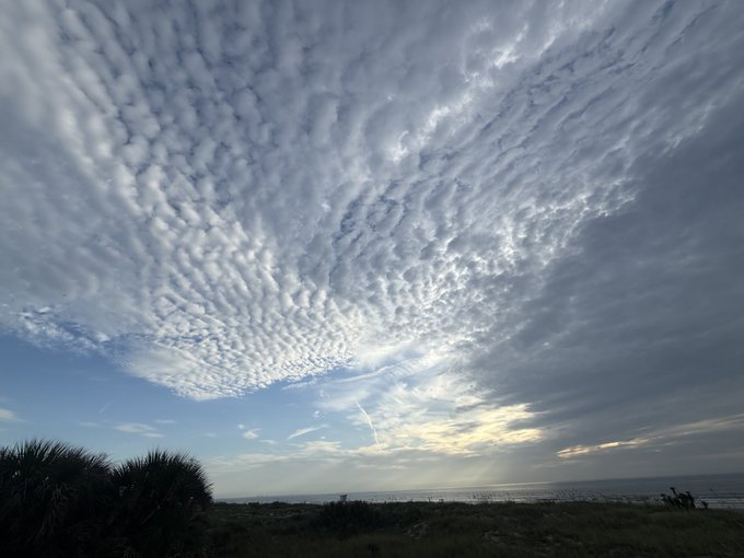 A scenic view of a sky filled with textured altocumulus clouds over a coastal landscape, with a few silhouettes of people and vegetation visible at the bottom.