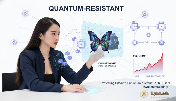 In this image, a woman wearing a dark blue suit is interacting with a digital representation of a butterfly on a computer screen. Behind her, there's a white board displaying information about Quantum-Resistant technology. The butterfly on the computer screen appears to be floating in mid-air and has a code attached to it that says "Quantum-Resistant". This might be related to a discussion or presentation about this specific type of technology, possibly within the context of internet security or computer science.