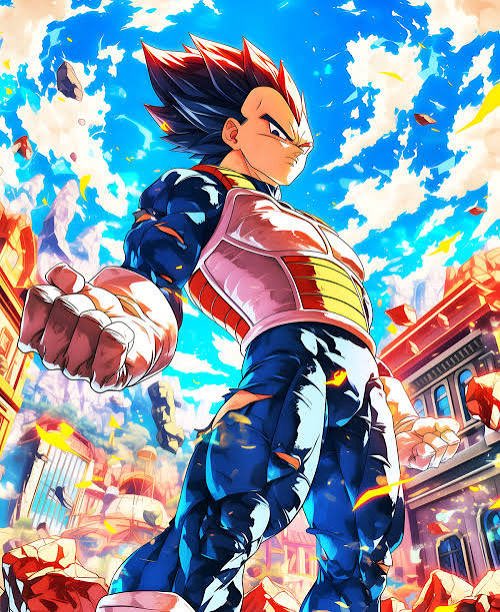 The anime-style illustration depicts a powerful, determined Saiyan warrior with spiky red-tipped hair, clad in blue and white battle armor, standing triumphantly amid a shattered cityscape with debris flying around him. The image visually echoes the post's motivational message, symbolizing relentless dedication and the relentless pursuit of success, even amid destruction.