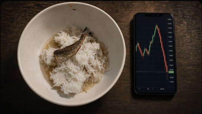 A top-down view showing a bowl of plain white rice next to a smartphone displaying a stock chart with a sharp downward red candlestick trend.
