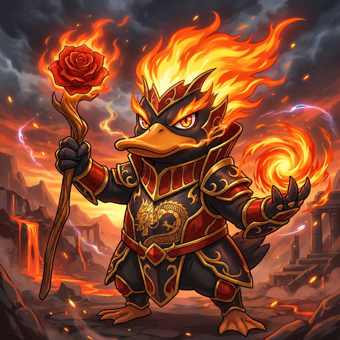A digital illustration of an anthropomorphic duck character dressed in red and black flame-patterned armor, wielding a staff topped with a red rose and surrounded by fire and lightning.