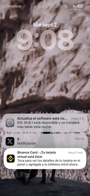 The image shows an iPhone lock screen displaying the time as 9:08 on Wednesday, September 2, with notifications including an iOS 26.6.1 update and a Binance notification announcing that the virtual "Binance Card" is now ready—directly relating to the user's post about having their Binance card ready to use.