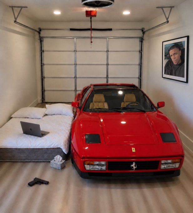 A red Ferrari is parked inside a garage that has been converted into a bedroom, complete with a white-sheeted mattress, a laptop, and a framed portrait on the wall.