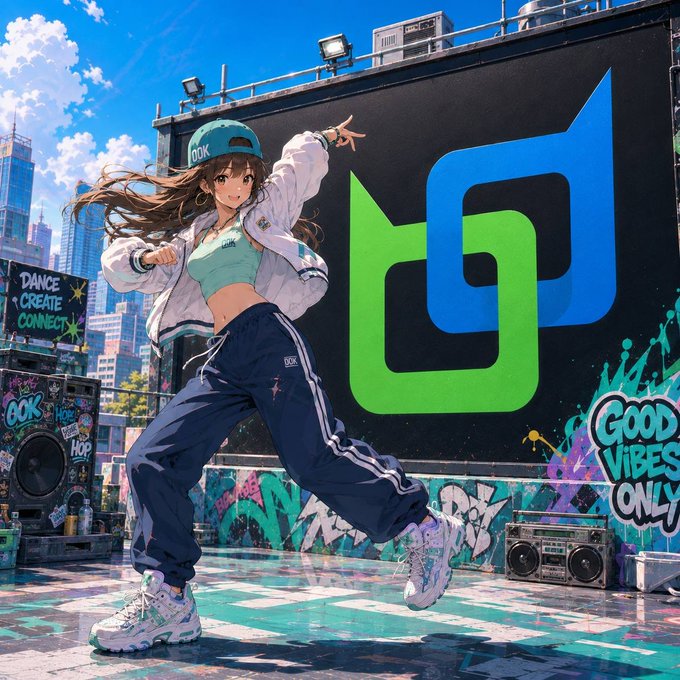 An anime-style illustration of a girl in athletic wear and a cap dancing in front of a large mural with a green and blue 'GOOK' logo, with 'GOOD VIBES ONLY' graffiti nearby.