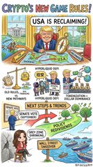 A cartoon flowchart titled 'CRYPTO'S NEW GAME RULES!' depicts 'USA IS RECLAIMING!' with illustrated steps involving crypto ETFs, politicians, banks, and policy changes.