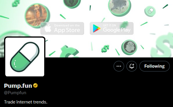 The image shows the Pump.fun Twitter/X profile (@Pumpfun), tagged as "Following," with the tagline "Trade internet trends" and App Store/Google Play download buttons displayed against a green pill-themed background. It connects to the post's claim about $GTAVI being the biggest internet trend ever by presenting Pump.fun as the platform where users could trade that anticipated trend.