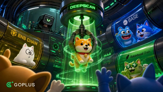 A futuristic lab scene labeled "DEEPSCAN" features a Shiba Inu dog being scanned by a robotic claw under a green beam, surrounded by display pods for "BNB CHAIN," "BASE," and "Robinhood Chain" featuring various meme characters, with the "GoPlus" logo in the corner—illustrating the DeFi audit process where community nominations undergo AI-powered security scanning across multiple blockchain networks.