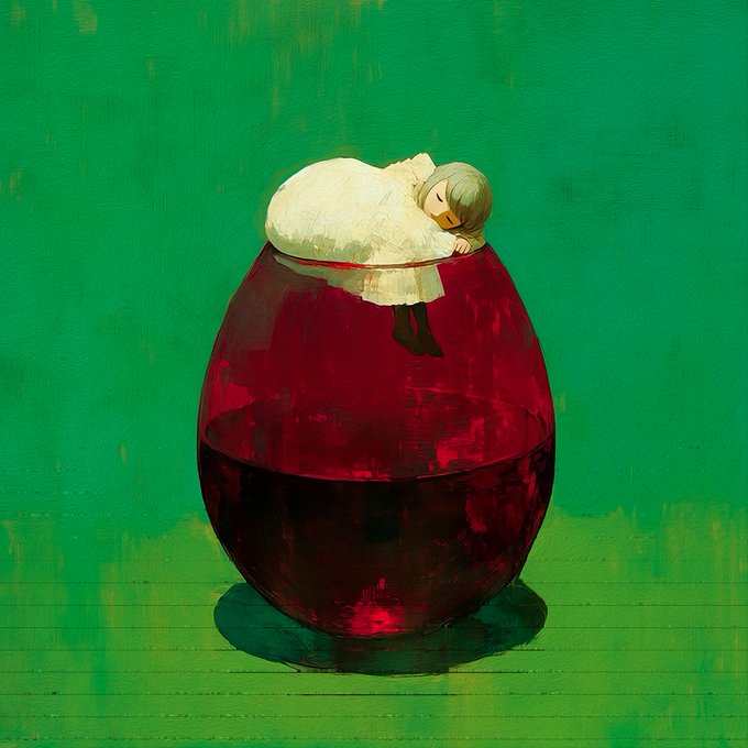 A surreal painting showing a small girl with green hair wearing a white dress, peacefully sleeping on top of a giant glass filled with red wine, set against a green background.