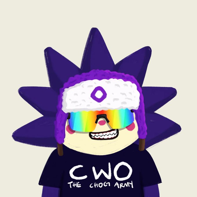 A cartoon character with purple spiky hair, rainbow sunglasses, a white headband with a purple diamond, and a black shirt reading 'CWO THE CHOG ARMY'.