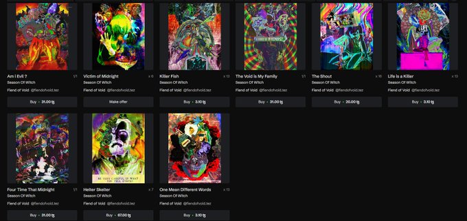 A digital storefront displaying various album covers with psychedelic artwork from the 'Fiend of Void' (@fiendofvoid.tez) collection, including titles like 'Am I Evil', 'Victim of eildolight', 'Killer Flute', 'The Void Is My Family', 'The Shout', 'Life Is a Killer', 'Four Time That Midnight', 'Heiter Skelter', and 'One Mess Different Words' with prices listed in tez.