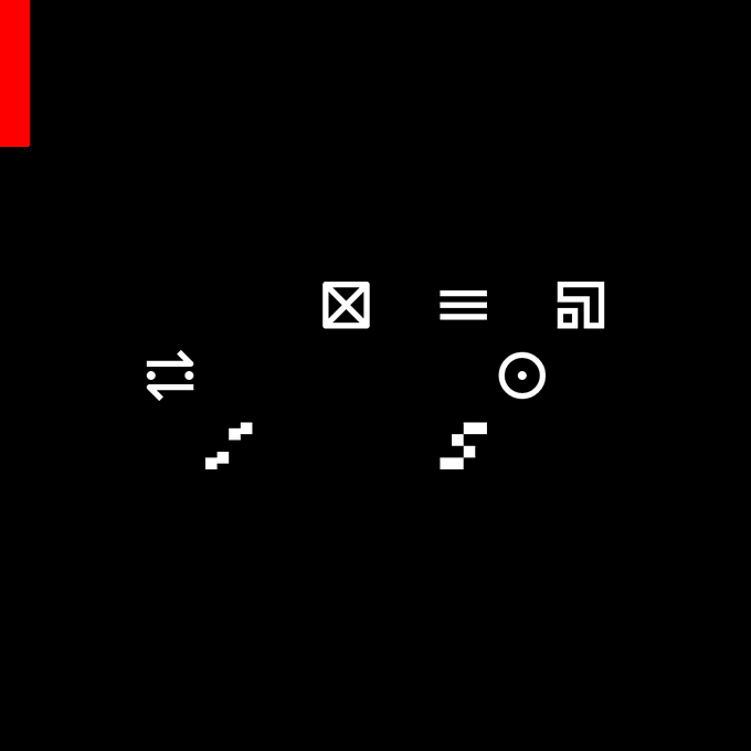 A minimalist black background featuring small white geometric icons including a box with an X, menu lines, a target with an arrow, and other abstract symbols, with a red vertical bar in the upper left corner.