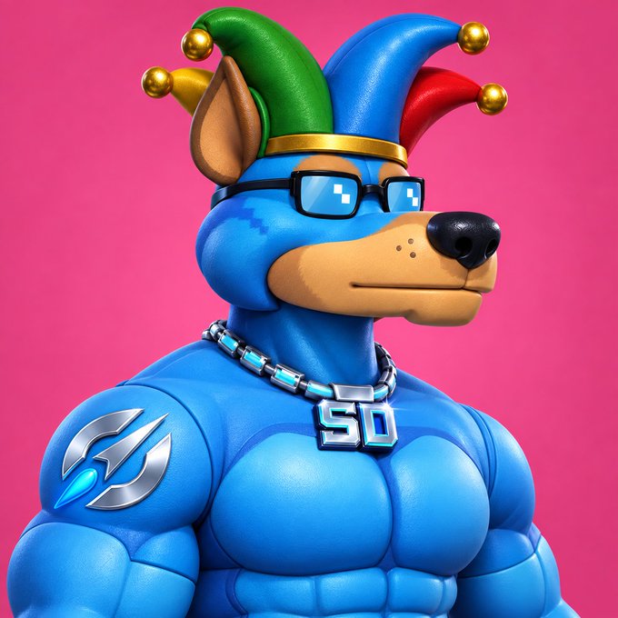A 3D-rendered anthropomorphic blue dog character wearing pixelated sunglasses, a colorful jester hat, a chain with 'SD' pendant, against a pink background.