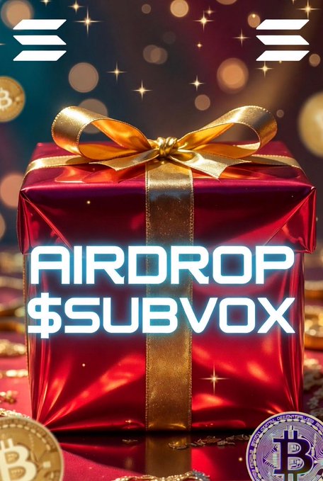 A festive red gift box wrapped with a gold ribbon features bold text reading "AIRDROP $SUBVOX" against a sparkling background with Bitcoin imagery, promoting the $SUBVOX airdrop and welcome rewards campaign on Solana.