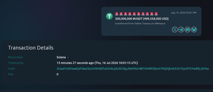 A blockchain transaction details page showing a 500,000,000 USDT transfer valued at 499,558,000 USD from Tether Treasury to Binance on July 16, 2026, on the Solana blockchain.