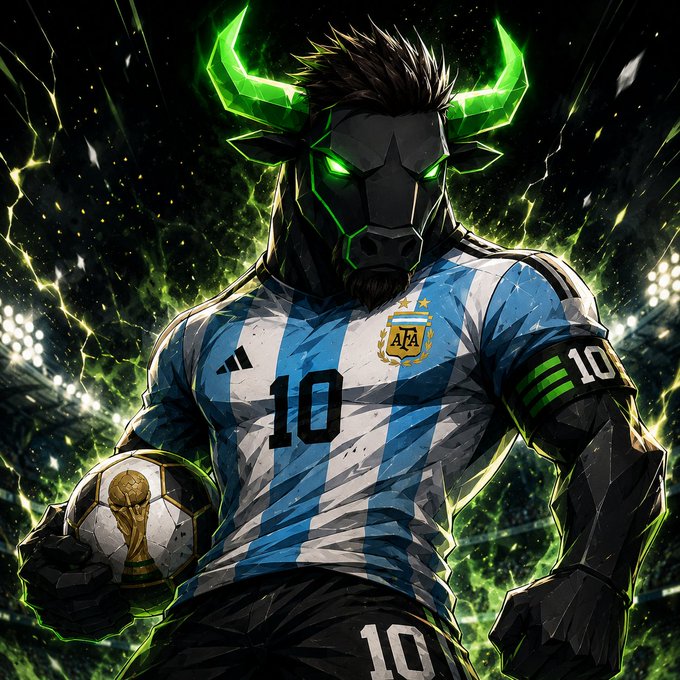 A dramatic digital illustration of a bull-headed warrior with glowing green horns and eyes, wearing an Argentina national football jersey (#10, AFA crest), holding a World Cup trophy amid green lightning effects.