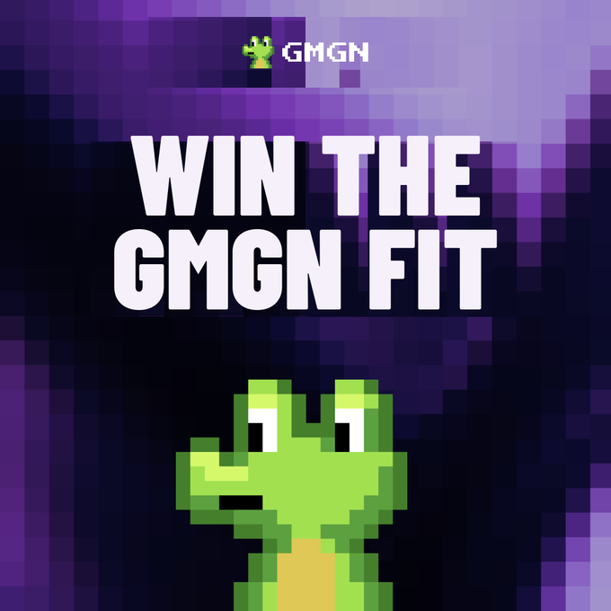 A pixel art promotional image with a purple blocky background featuring a green frog mascot and the text 'GMGN' at the top, 'WIN THE GMGN FIT' in large white letters in the center, and a larger green frog character below.