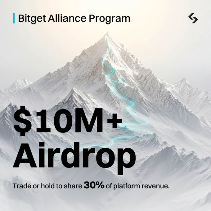 Bitget Alliance Program promotional graphic advertising a "$10M+ Airdrop" over a snowy mountain image with a glowing cyan path, stating "Trade or hold to share 30% of platform revenue."