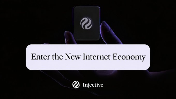 Promotional graphic for the cryptocurrency platform 'Injective' showing a hand holding a dark device with a glowing logo and the tagline 'Enter the New Internet Economy'.