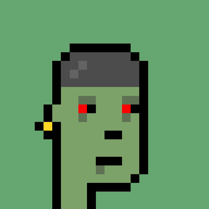 The image features an artistic cartoon representation of a person with red eyes wearing a black hat, giving them a distinctive appearance reminiscent of a zombie character. The background is green, and there are words related to a bank loan that are posted beside the person's face, possibly indicating a connection between the subject and lending practices or even a reference to a popular meme.