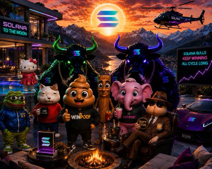 AI-generated artwork featuring various cartoon characters and Solana logos, with text including "SOLANA TO THE MOON" and "SOLANA BULLS KEEP WINNING ALL CYCLE LONG".
