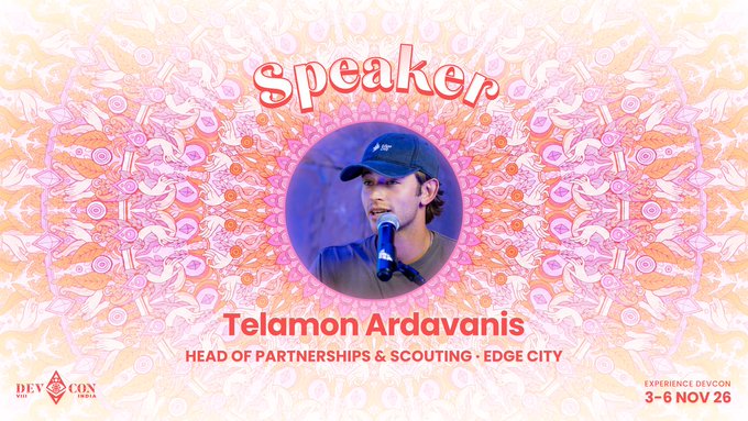 A speaker announcement card for 'Telamon Ardavanis, HEAD OF PARTNERSHIPS & SCOUTING - EDGE CITY' at 'DEVCON COLIN INDIA' from 3-6 Nov 26, featuring a man with a baseball cap speaking into a microphone.