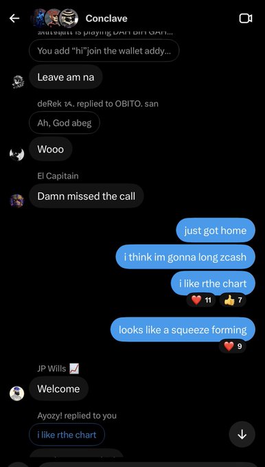 A Telegram group chat called "Conclave" where members discuss the "Zcash" cryptocurrency, with one user mentioning a potential "squeeze forming" on the chart. The post relates to the image by showcasing an active trading community receiving giveaways, as evidenced by the heart reactions and engagement on the bullish Zcash commentary.