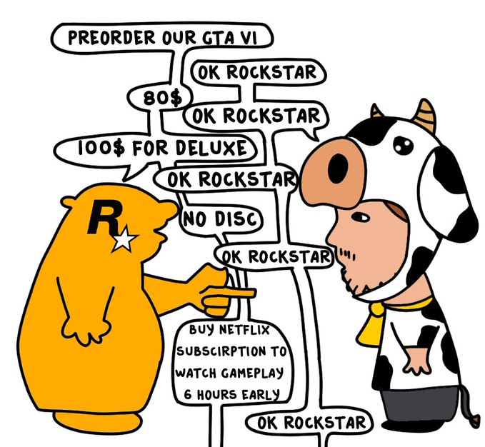 A satirical comic depicting a Rockstar bear and a person in a cow costume, with speech bubbles showing Rockstar demanding increasingly absurd pre-order conditions, including $80, $100 for deluxe, no disc, and a Netflix subscription for early gameplay, to which the person repeatedly responds 'OK ROCKSTAR'.
