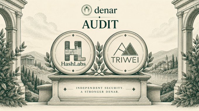 A classical-style illustration featuring the "denar" logo at the top with the word "AUDIT," showcasing two circular emblems for HashLabs and TRIWEI side by side on a stone pedestal, with the tagline "INDEPENDENT SECURITY. A STRONGER DENAR." The imagery visually reinforces the announcement by depicting the two auditing firms as pillars supporting Denar Markets' commitment to security.