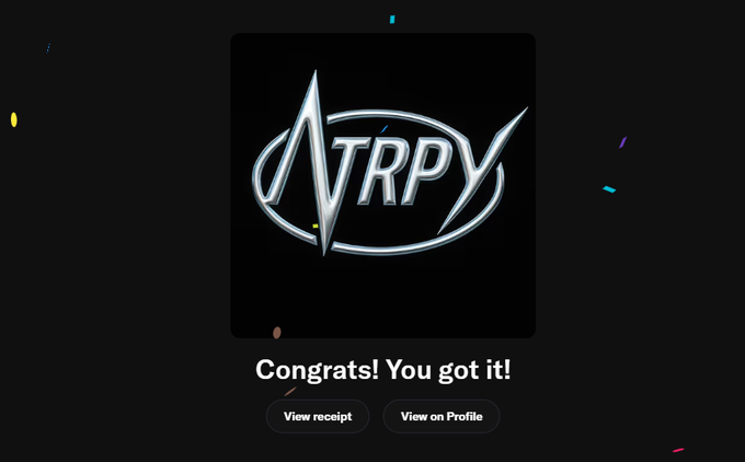 A digital notification reads "Congrats! You got it!" above a metallic, chrome-style "VRPY" logo, with options to "View receipt" or "View on Profile," celebrating a successful sneaker drop.