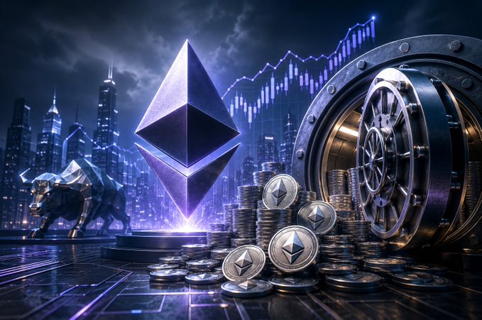 The image depicts a large, illuminated Ethereum diamond logo centered between stacks of ETH coins and a heavy vault door, with a bullish upward-trending candlestick chart and city skyline in the background, visually symbolizing the massive institutional accumulation of ETH highlighted in the post about Bitmine's holdings nearing 4.8% of Ethereum's total supply.