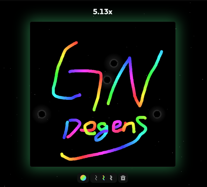 A colorful neon-style graffiti logo reading 'GM Degens' with a 5.13x multiplier displayed at the top.