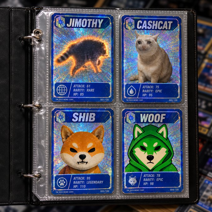 A binder page displays four holographic trading cards featuring meme coin characters: JIMOTHY (Attack: 61, Rarity: Rare, HP: 85), CASHCAT (Attack: 75, Rarity: Epic, HP: 95), SHIB (Attack: 95, Rarity: Legendary, HP: 110), and WOOF (Attack: 78, Rarity: Epic, HP: 98), visually representing the post's question of which token to collect.