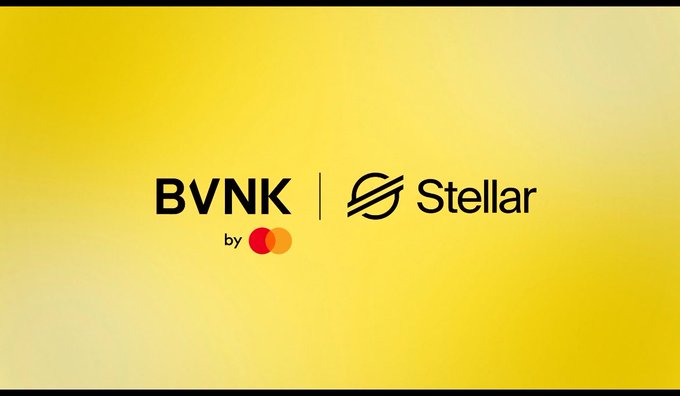 A yellow gradient background displays the logos 'BVNK by Mastercard' and 'Stellar' separated by a vertical line.