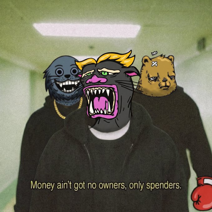 The illustration shows three menacing figures wearing animal masks—a blue skull-faced character, a snarling black panther with blonde hair in the foreground, and a brown bear with band-aids—in dark hoodies walking down a hallway, with the caption "Money ain't got no owners, only spenders" at the bottom.

The image reflects the post's "meme rotation" theme by featuring the classic degenerate trader trio (bear, bull/panther, and skull), suggesting that XRP hype is just another cycle of speculative fervor where money simply passes between spenders rather than being owned long-term.