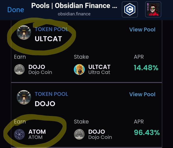 Screenshot of the Obsidian Finance website showing token pools, with 'ULTCAT' (earning DOJO at 14.48% APR) and 'DOJO' (earning ATOM at 96.43% APR) circled in yellow.