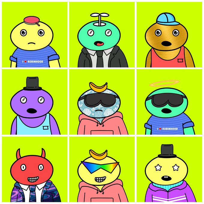 A 3x3 grid of nine cartoon characters with bright neon green backgrounds, featuring various whimsical figures including a yellow character in a blue "I ❤ ROBINHOOD" shirt, a propeller-headed green figure in a suit, a brown bear in a red tank top, and others wearing sunglasses, top hats, or a banana on their head. The colorful, eye-catching assortment of characters pairs with the caption "Keep your eye on this" by presenting a visually striking lineup designed to draw attention.