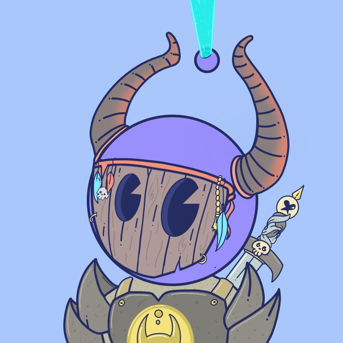 A cartoon illustration of a purple, horned warrior character wearing a wooden face mask and armor, holding a staff topped with a small skull.