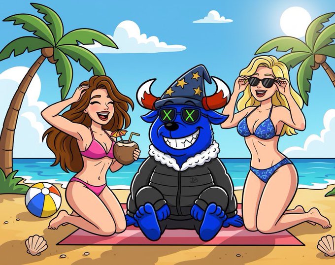 A cartoon illustration showing a blue mascot character wearing sunglasses and a wizard hat sitting on a beach towel between two women in bikinis.